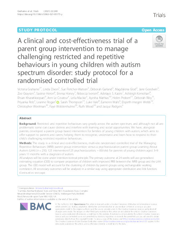 A clinical and cost effectiveness trial of a parent group intervention to manage challenging restricted and repetitive behaviours in young children with autism spectrum disorder: study protocol for a randomized controlled trial Thumbnail