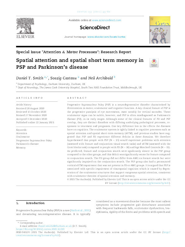Spatial Attention and Spatial Short Term Memory in PSP and Parkinson’s Disease Thumbnail