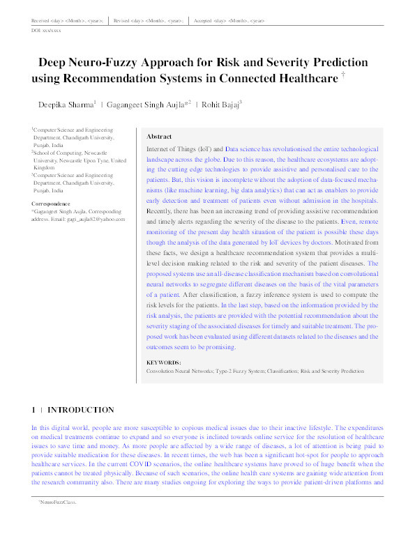 Deep neuro‐fuzzy approach for risk and severity prediction using recommendation systems in connected health care Thumbnail