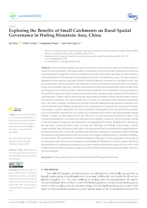 Exploring the Benefits of Small Catchments on Rural Spatial Governance in Wuling Mountain Area, China Thumbnail