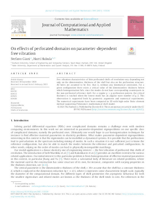 On Effects of Perforated Domains on Parameter-Dependent Free Vibration Thumbnail