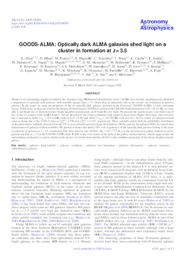 GOODS-ALMA: Optically dark ALMA galaxies shed light on a cluster in formation at z = 3.5 Thumbnail