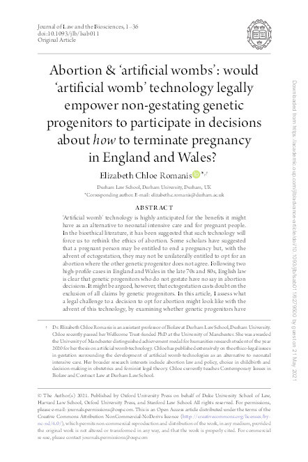 ‘Abortion & "Artificial Wombs": Would ‘artificial womb’ technology legally empower non-gestating genetic progenitors to participate in decisions about how to terminate a pregnancy?' Thumbnail