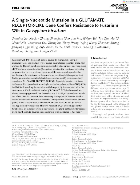 A single-nucleotide mutation in GLUTAMATE RECEPTOR-LIKE protein gene confers resistance to Fusarium wilt in Gossypium hirsutum Thumbnail