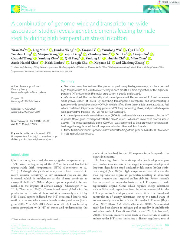 Combined transcriptome GWAS and TWAS reveal genetic elements leading to male sterility during high temperature stress in cotton Thumbnail