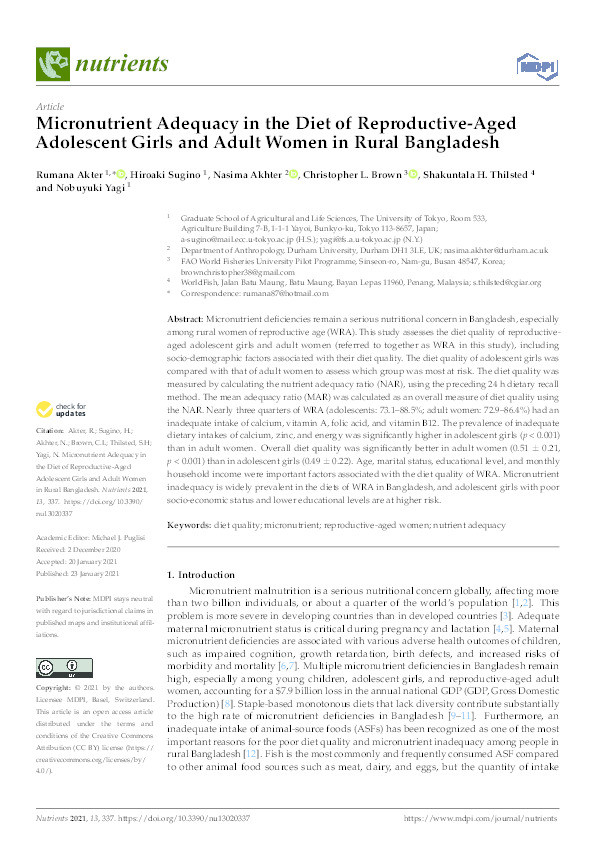 Micronutrient Adequacy in the Diet of Reproductive-Aged Adolescent Girls and Adult Women in Rural Bangladesh Thumbnail