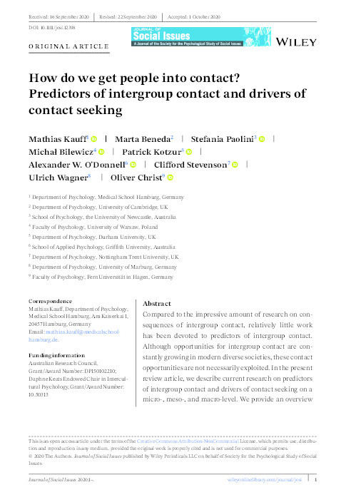 How do we get people into contact? Predictors of intergroup contact and drivers of contact seeking Thumbnail