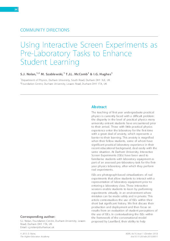 Using interactive screen experiments as pre-laboratory tasks to enhance student learning Thumbnail