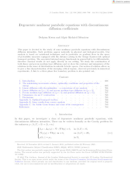 Degenerate nonlinear parabolic equations with discontinuous diffusion coefficients Thumbnail