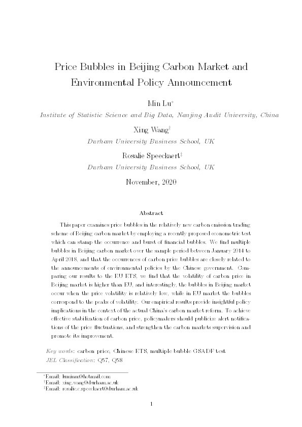Price bubbles in Beijing carbon market and environmental policy announcement Thumbnail