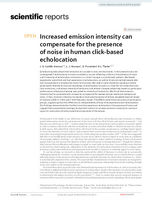 Increased emission intensity can compensate for the presence of noise in human click-based echolocation Thumbnail