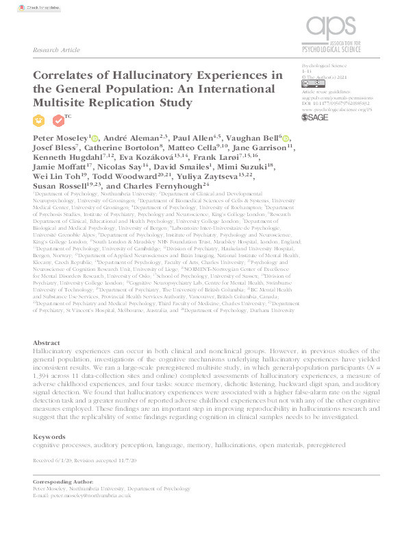 Correlates of hallucinatory experiences in the general population: an international multi-site replication study Thumbnail