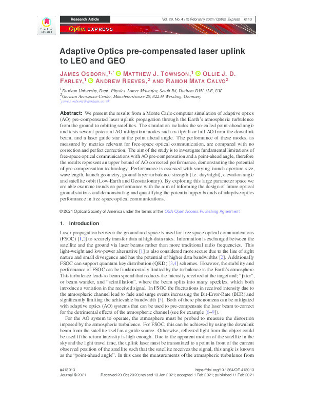 Adaptive Optics pre-compensated laser uplink to LEO and GEO Thumbnail