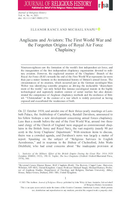 Anglicans and Aviators: The First World War and the Forgotten Origins of Royal Air Force Chaplaincy Thumbnail