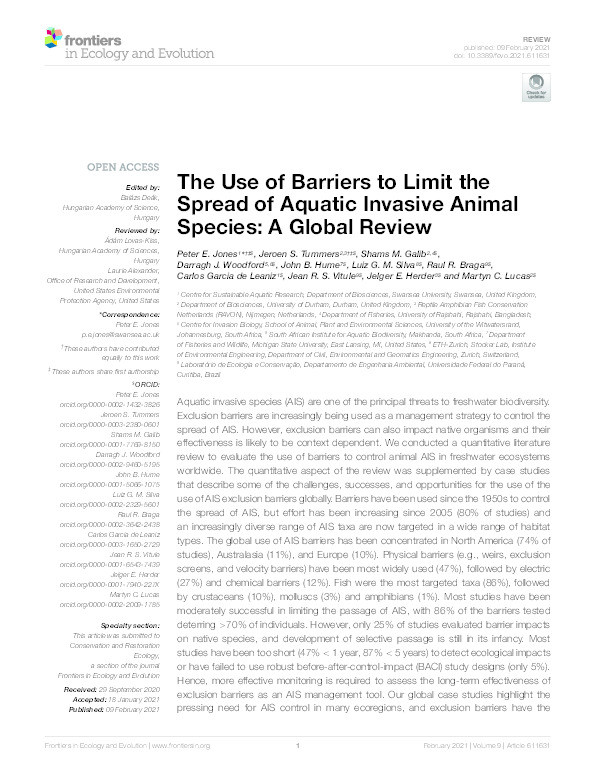 The use of barriers to limit the spread of aquatic invasive animal species: a global review Thumbnail