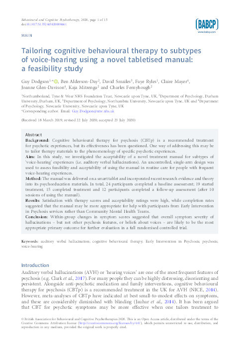 Tailoring cognitive behavioural therapy to subtypes of voice-hearing using a novel tabletised manual: a feasibility study Thumbnail