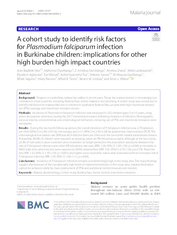A cohort study to identify risk factors for Plasmodium falciparum infection in Burkinabe children: implications for other high burden high impact countries Thumbnail