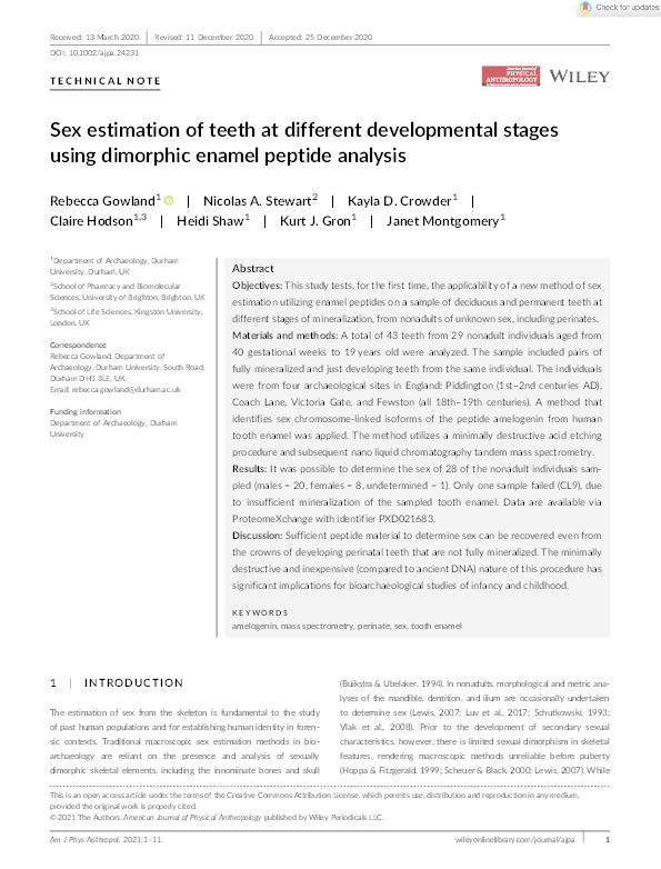 Sex estimation of teeth at different developmental stages using dimorphic enamel peptide analysis Thumbnail