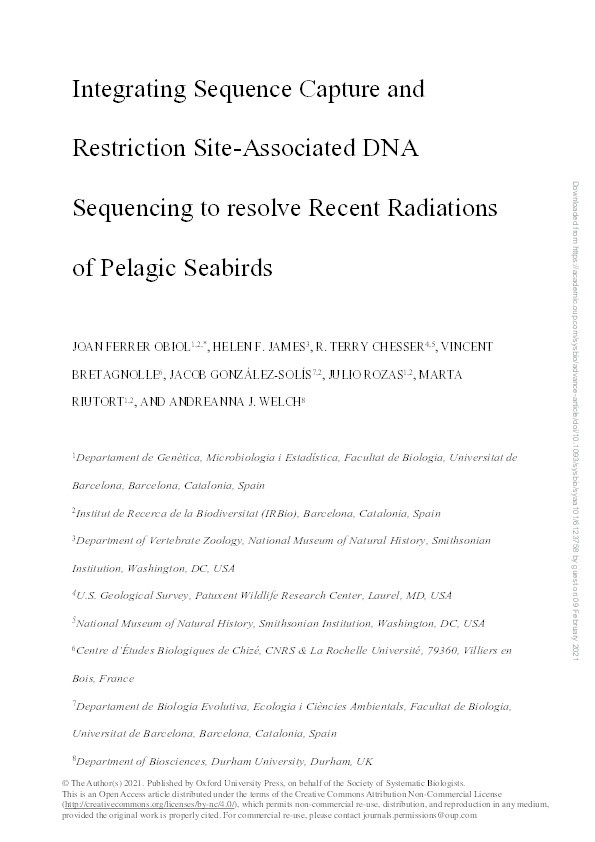Integrating Sequence Capture and Restriction Site-Associated DNA Sequencing to resolve Recent Radiations of Pelagic Seabirds Thumbnail