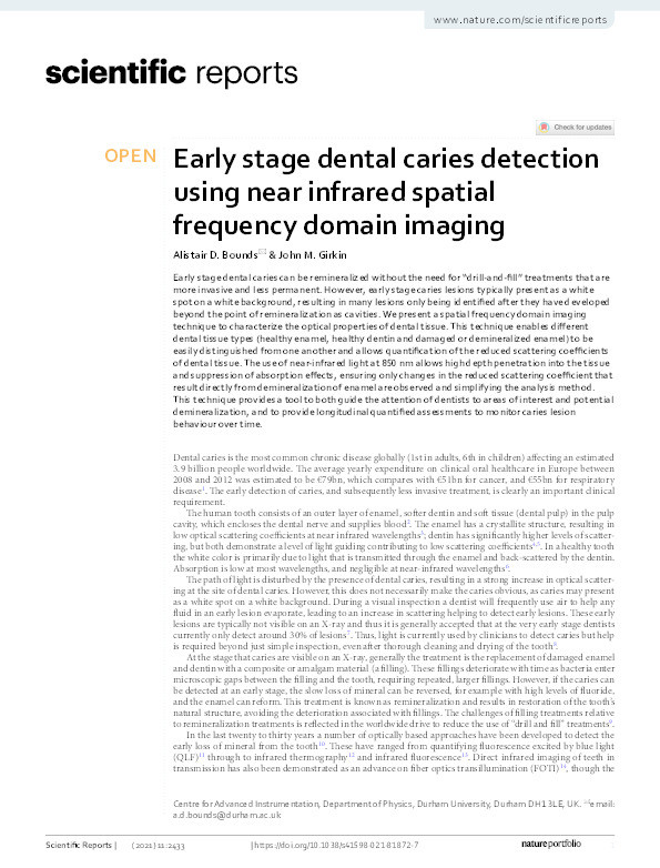 Early stage dental caries detection using near infrared spatial frequency domain imaging Thumbnail