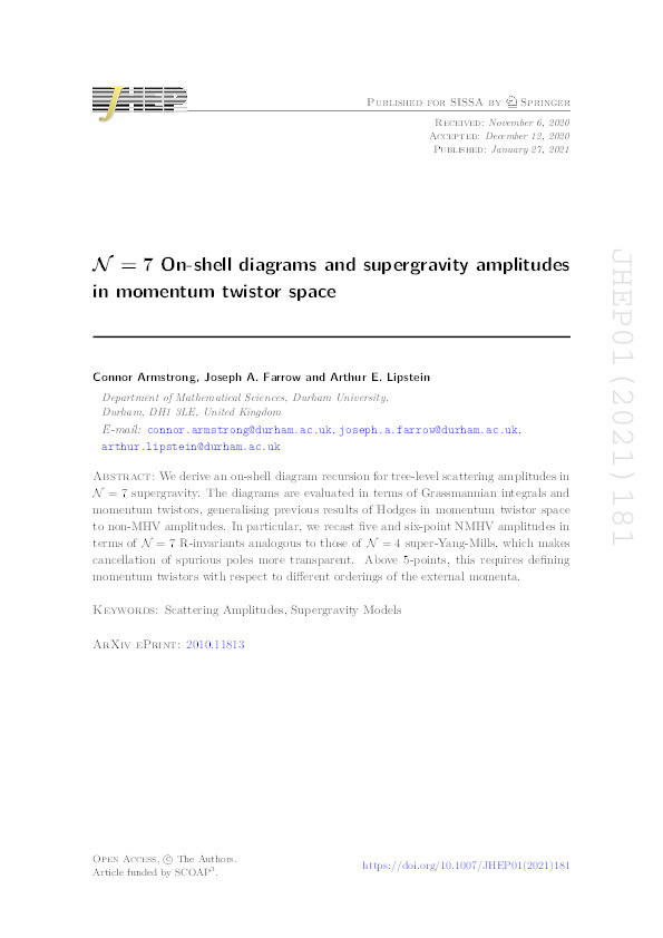 N = 7 On-shell diagrams and supergravity amplitudes in momentum twistor space Thumbnail