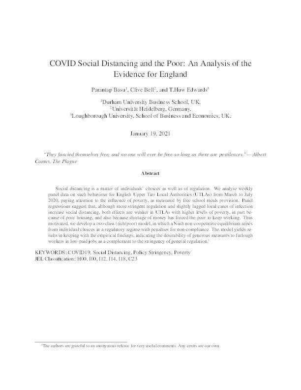 COVID Social Distancing and the Poor: An Analysis of the Evidence for England Thumbnail