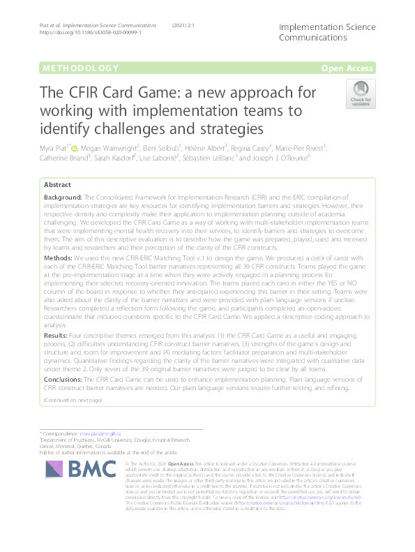The CFIR Card Game: a new approach for working with implementation teams to identify challenges and strategies Thumbnail