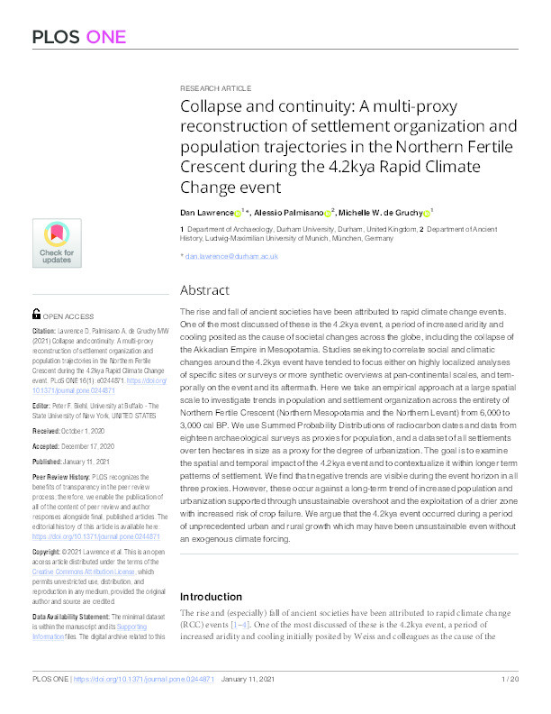 Collapse and continuity: A multi-proxy reconstruction of settlement organization and population trajectories in the Northern Fertile Crescent during the 4.2kya Rapid Climate Change event Thumbnail