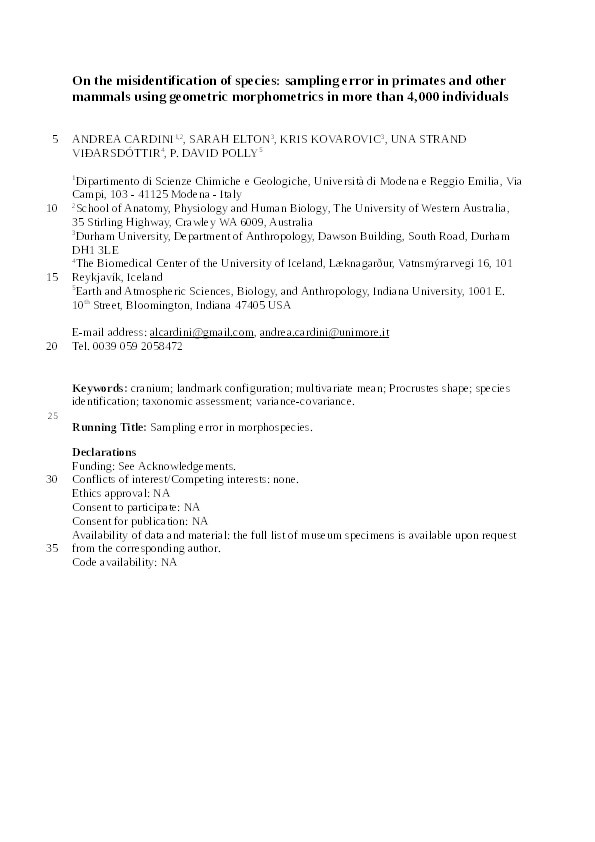 On the misidentification of species: sampling error in primates and other mammals using geometric morphometrics in more than 4,000 individuals Thumbnail