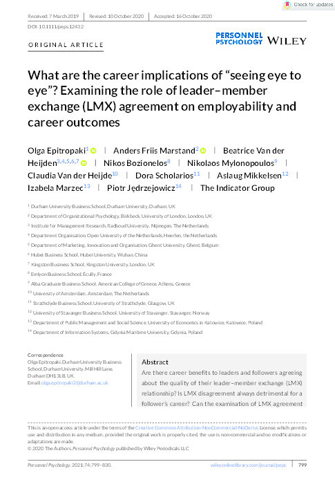 What are the career implications of ‘seeing eye to eye’? Examining the role of leader-member exchange (LMX) agreement on employability and career outcomes Thumbnail