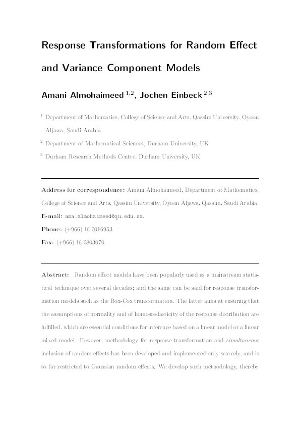 Response transformations for random effect and variance component models Thumbnail