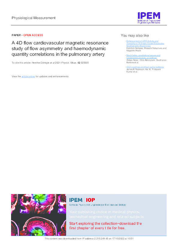 A 4D-flow cardiovascular magnetic resonance study of flow asymmetry and haemodynamic quantity correlations in the pulmonary artery Thumbnail