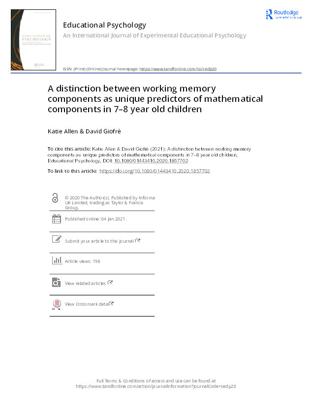 A distinction between working memory components as unique predictors of mathematical components in 7–8 year old children Thumbnail