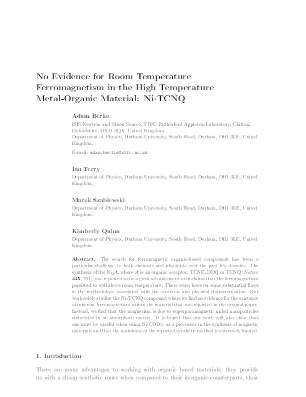 No evidence for room temperature ferromagnetism in the high temperature metal-organic material: Ni2TCNQ Thumbnail