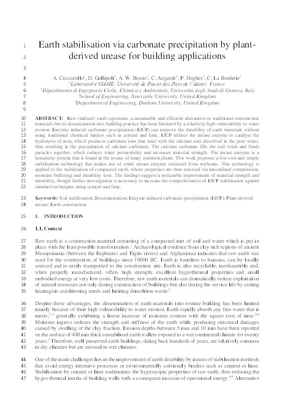 Earth stabilisation via carbonate precipitation by plant-derived urease for building applications Thumbnail