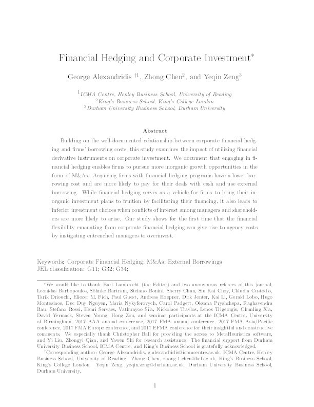 Financial Hedging and Corporate Investment   Thumbnail