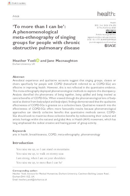 ‘To more than I can be’: A phenomenological meta-ethnography of singing groups for people with chronic obstructive pulmonary disease Thumbnail