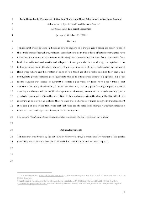 Farm Households’ Perception of Weather Change and Flood Adaptations in Northern Pakistan Thumbnail