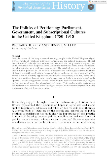 The Politics of Petitioning: Parliament, Government and Subscriptional Cultures in the United Kingdom, 1780-1918 Thumbnail