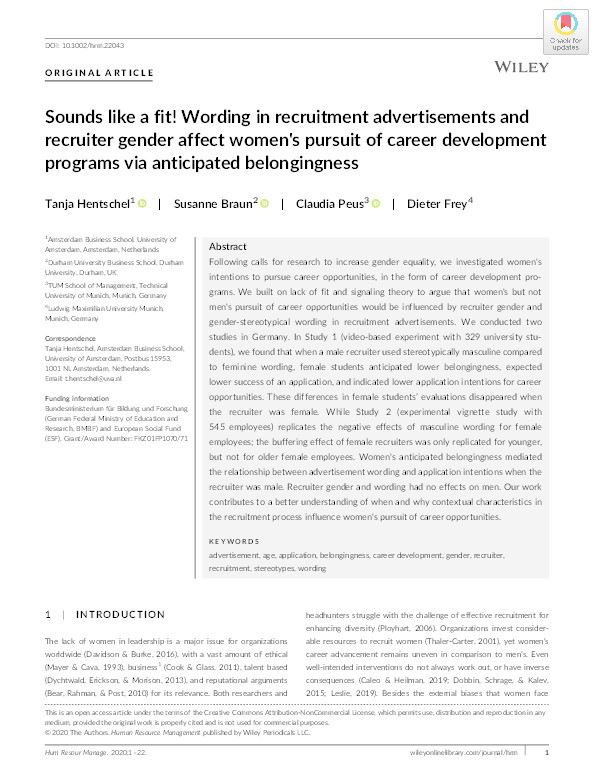 Sounds Like a Fit! Wording in Recruitment Advertisements and Recruiter Gender Affect Women’s Pursuit of Career Development Programs via Anticipated Belongingness Thumbnail