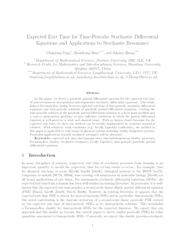 Expected exit time for time-periodic stochastic differential equations and applications to stochastic resonance Thumbnail