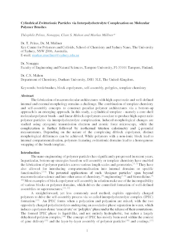 Cylindrical Zwitterionic Particles via Interpolyelectrolyte Complexation on Molecular Polymer Brushes Thumbnail