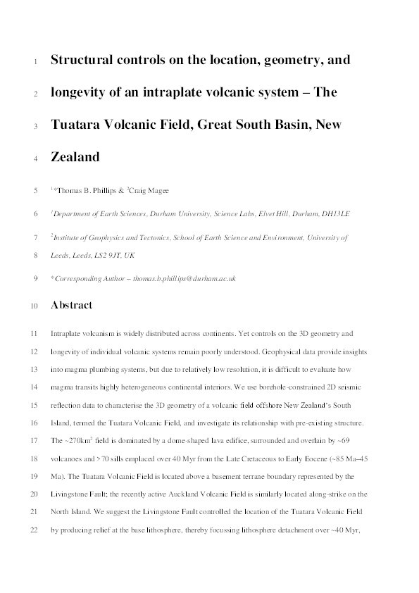 Structural controls on the location, geometry and longevity of an intraplate volcanic system: the Tuatara Volcanic Field, Great South Basin, New Zealand Thumbnail