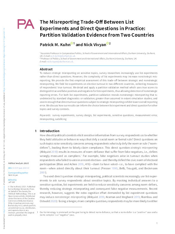The Misreporting Trade-off Between List Experiments and Direct Questions in Practice: Partition Validation Evidence from Two Countries Thumbnail
