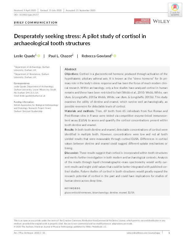 Desperately seeking stress: A pilot study of cortisol in archaeological tooth structures Thumbnail