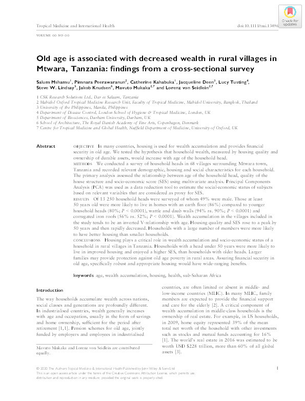 Old age is associated with decreased wealth in rural villages in Mtwara, Tanzania: findings from a cross‐sectional survey Thumbnail