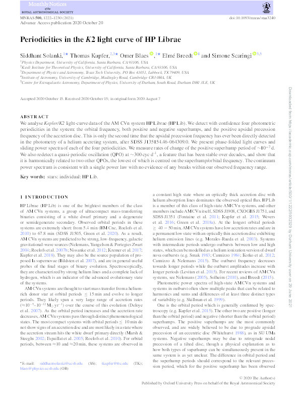 Periodicities in the K2 light curve of HP Librae Thumbnail