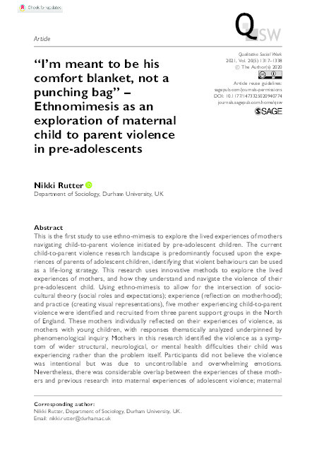 “I’m meant to be his comfort blanket, not a punching bag” – Ethnomimesis as an exploration of maternal child to parent violence in pre-adolescents Thumbnail