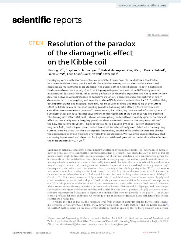 Resolution of the paradox of the diamagnetic effect on the Kibble Coil Thumbnail