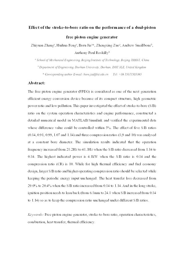 Effect of the stroke-to-bore ratio on the performance of a dual-piston free piston engine generator Thumbnail